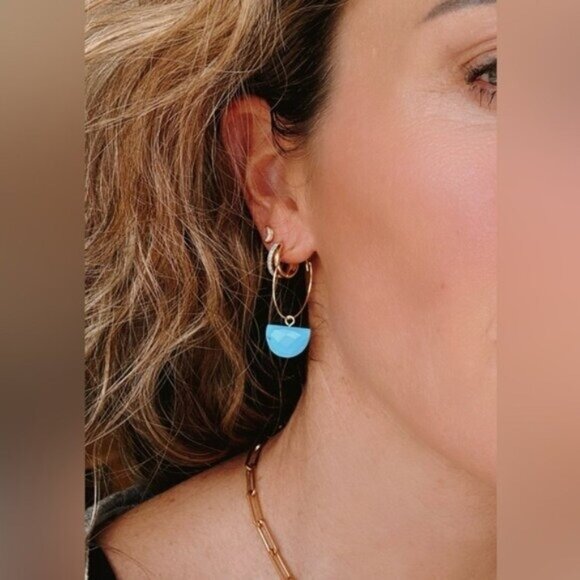 Faceted Turquoise Hoop Earrings – 18K Gold PVD Stainless Steel, Waterproof, Hypo - Picture 4 of 6